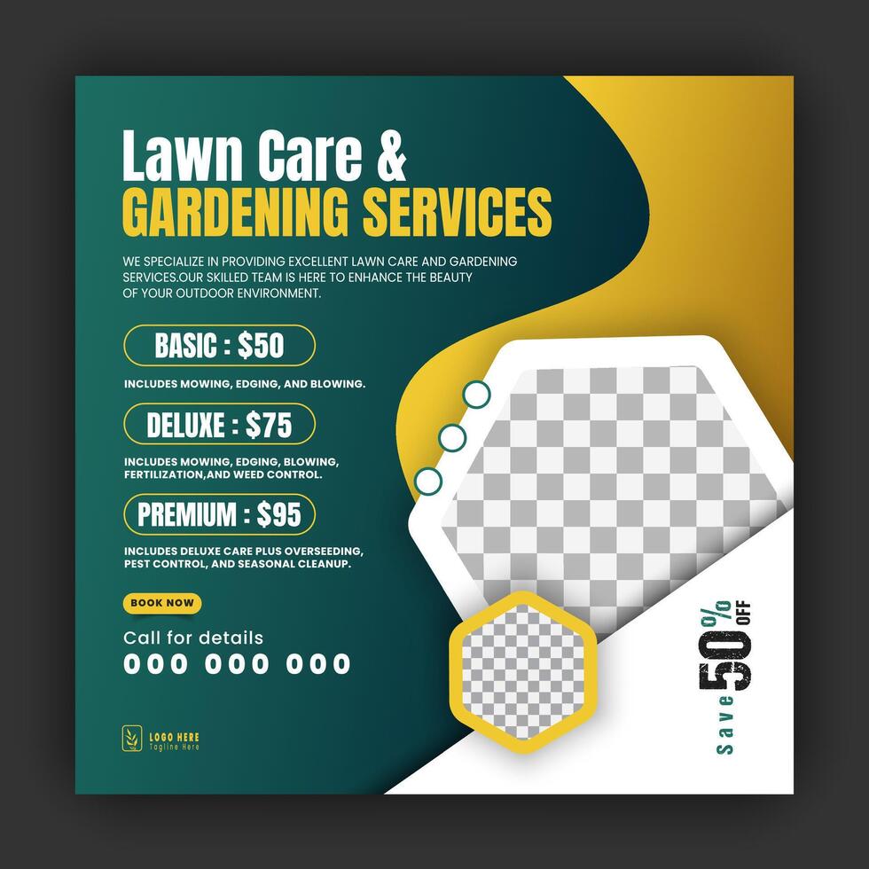 Modern lawn care garden or landscaping service for social media cover or post design template, organic food and agriculture web banner with abstract green gradient and yellow color shapes vector