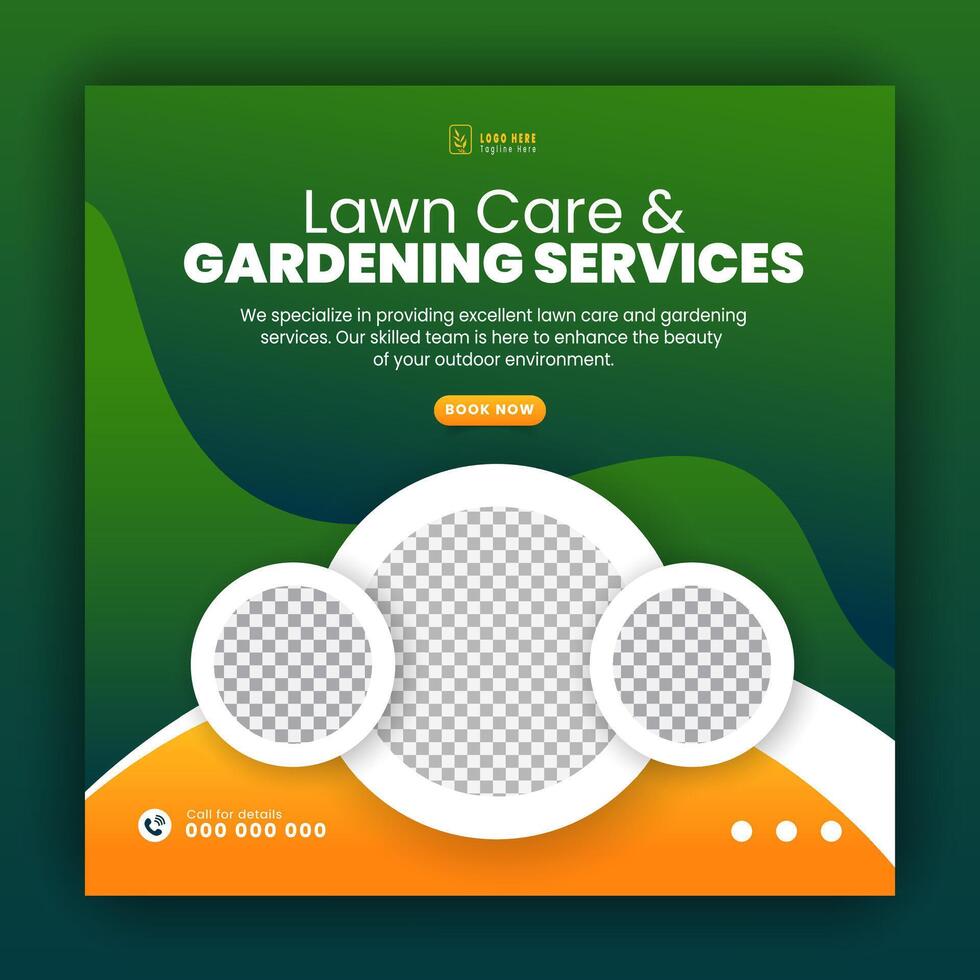 Modern lawn mower garden or landscaping service social media cover design, farming and agriculture promotion with abstract green and yellow web banner, post template flyer leaflet poster vector