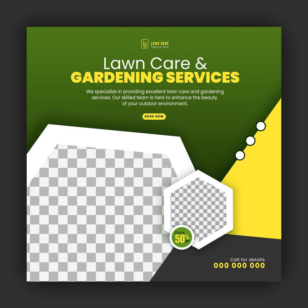 Modern lawn care garden or landscaping service for social media cover or post design template, organic food and agriculture web banner with abstract green gradient and yellow color shapes vector