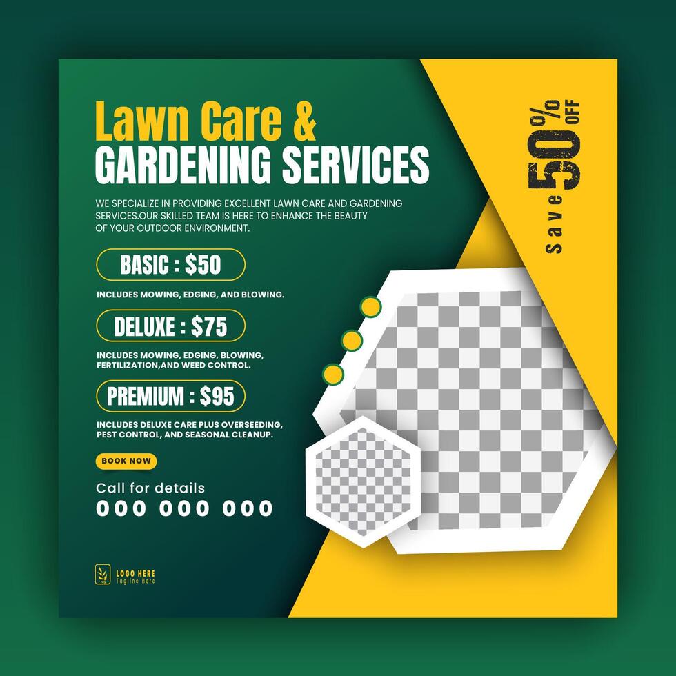 Modern lawn care garden or landscaping service for social media cover or post design template, organic food and agriculture web banner with abstract green gradient and yellow color shapes vector