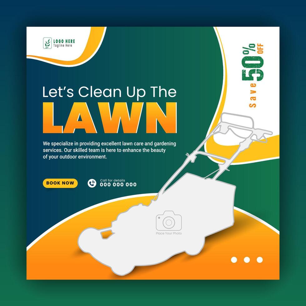 Modern lawn care garden or landscaping service for social media cover or post design template, organic food and agriculture web banner with abstract green gradient and yellow color shapes vector