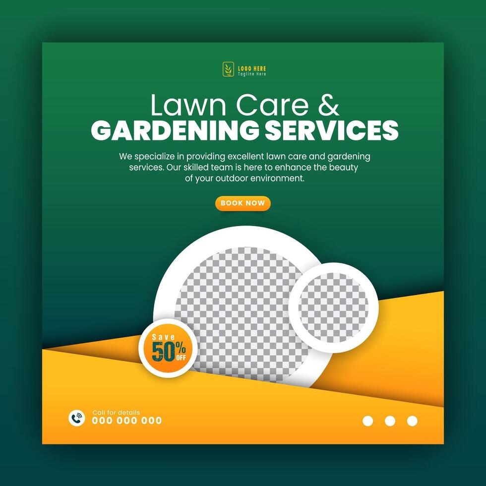 Modern lawn care garden or landscaping service for social media cover or post design template, organic food and agriculture web banner with abstract green gradient and yellow color shapes vector