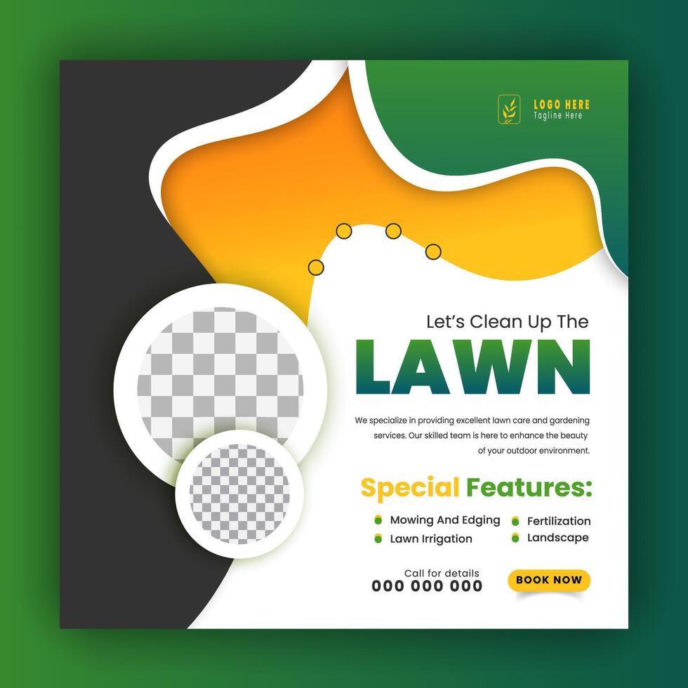 Corporate modern lawn care garden service for social media cover design template, agriculture and organic food campaign post web banner, abstract green, yellow color shape on white background vector