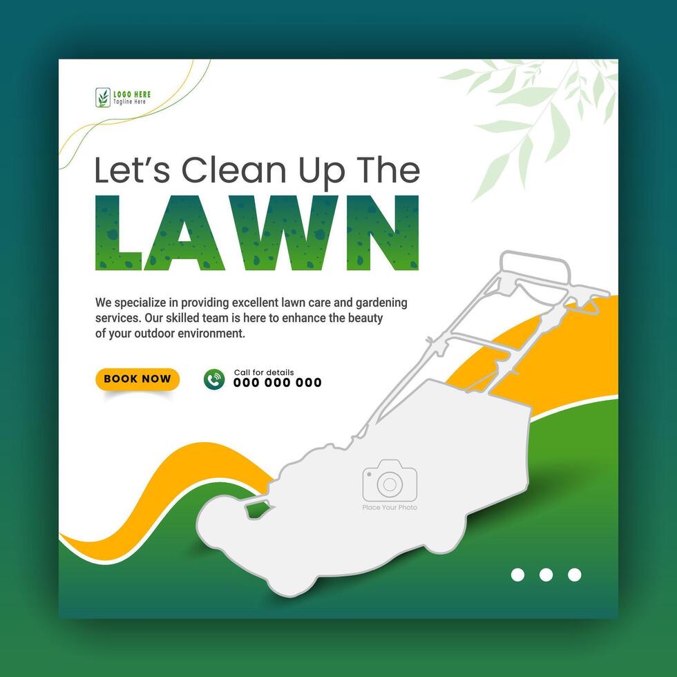 Modern lawn care garden or landscaping service for social media cover or post design template, organic food and agriculture web banner with abstract green gradient and yellow color shapes vector