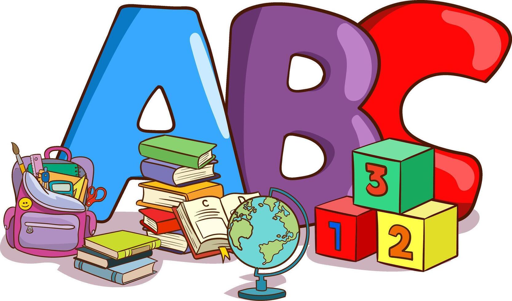 Happy Cute Cartoon School Children.Happy Kids Studying And Learning vector