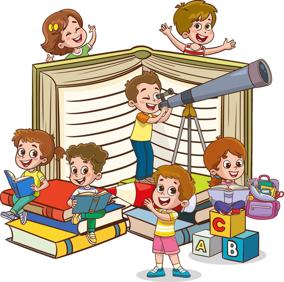 Happy Cute Cartoon School Children.Happy Kids Studying And Learning vector