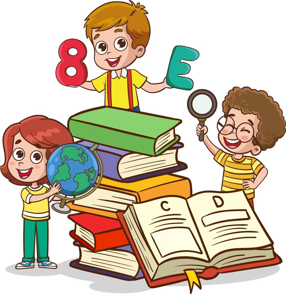 Happy Cute Cartoon School Children.Happy Kids Studying And Learning vector