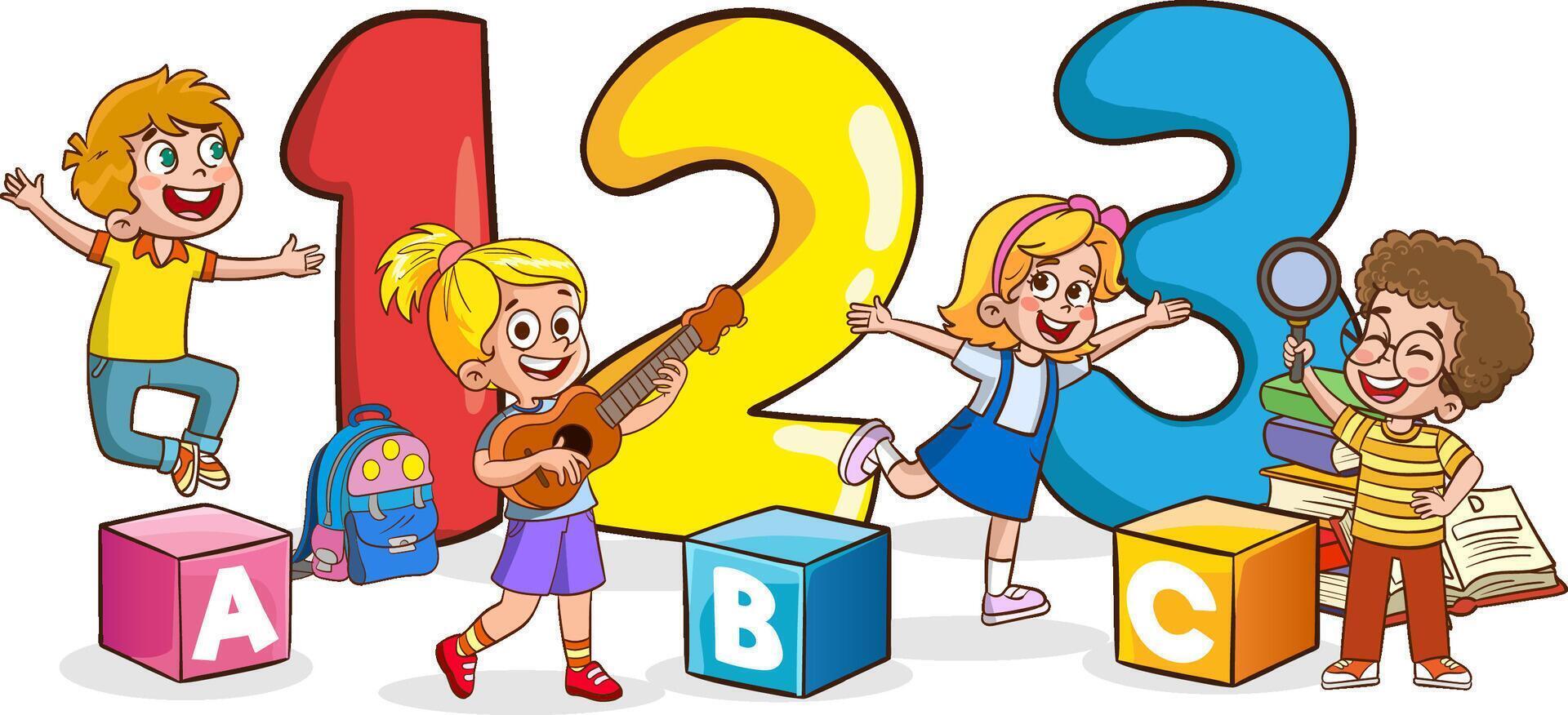Happy Cute Cartoon School Children.Happy Kids Studying And Learning vector