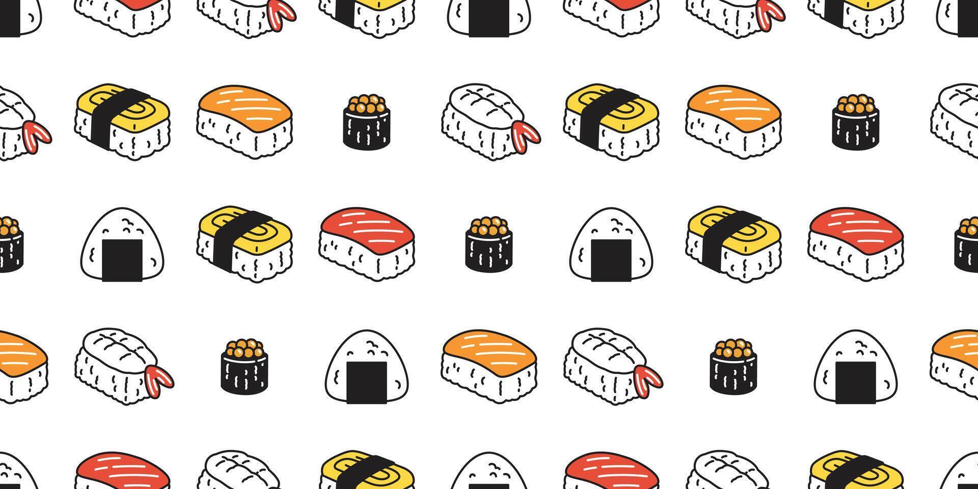 Sushi sin costura modelo onigiri japonés comida bufanda aislado ilustración dibujos animados loseta antecedentes repetir fondo de pantalla garabatear diseño vector