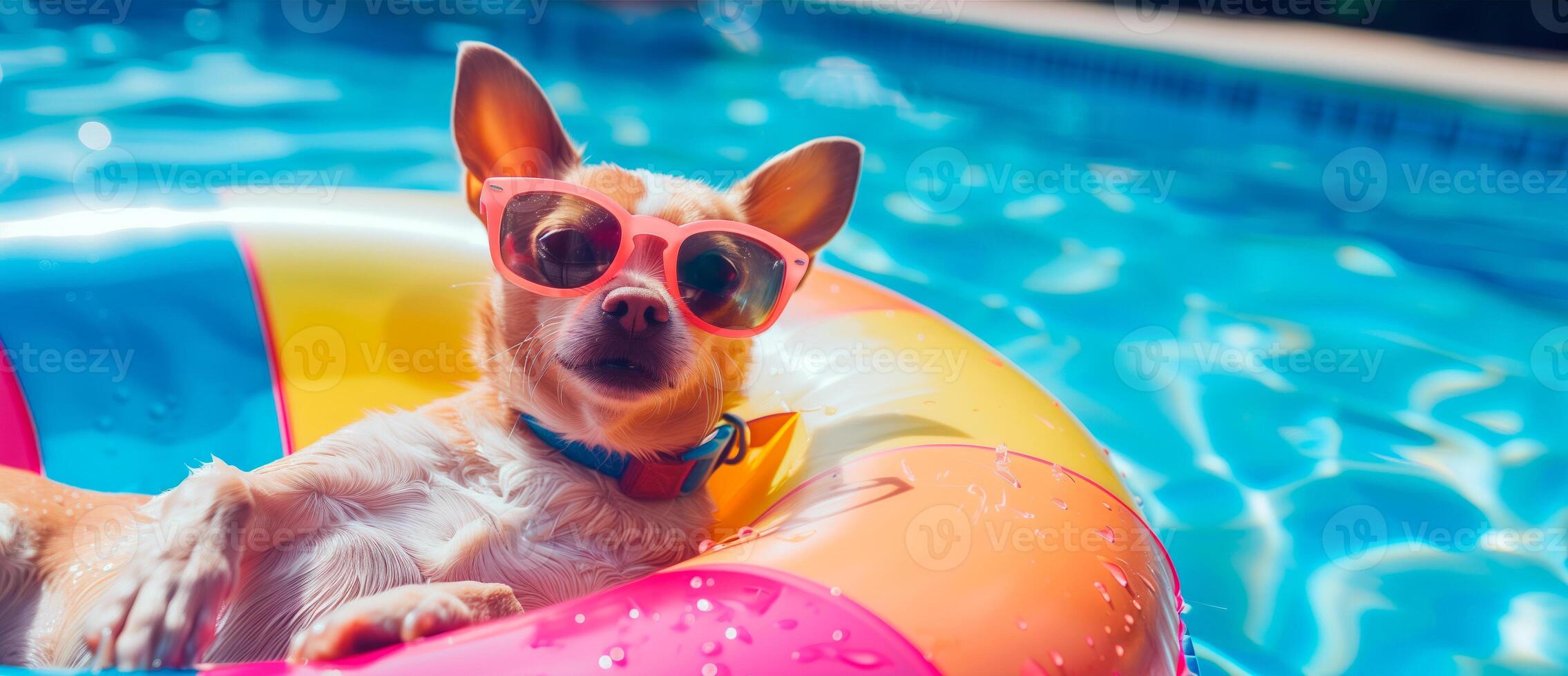 Cute Chihuahua dog wearing sunglasses while relaxing on colourful floater in swimming pool. Summer vibes concept. photo