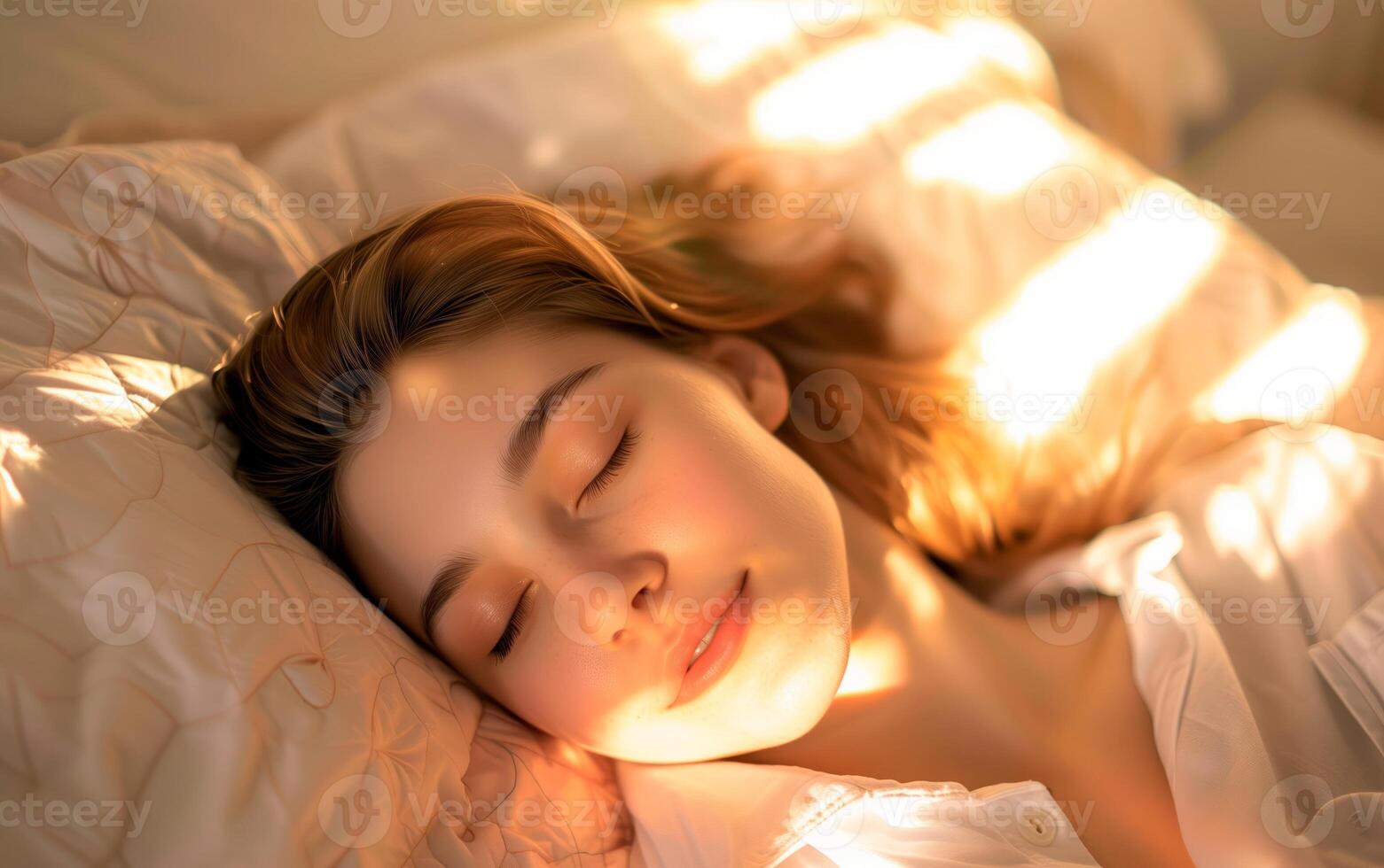 Portrait of young woman sleeping in bed. photo