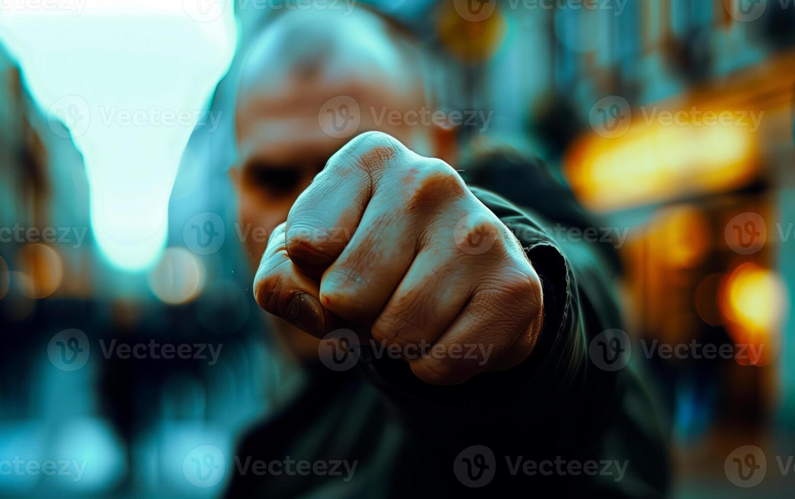 agresivo hombre demostración su apretado puño. foto