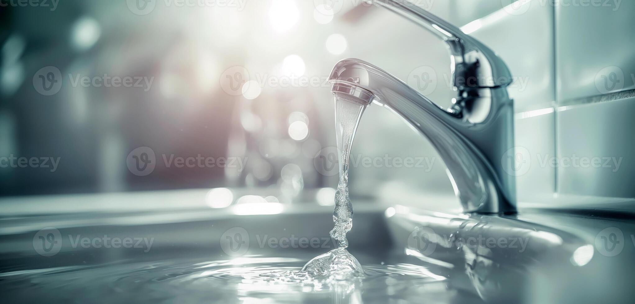 Header close up photo of faucet with water running from tap.