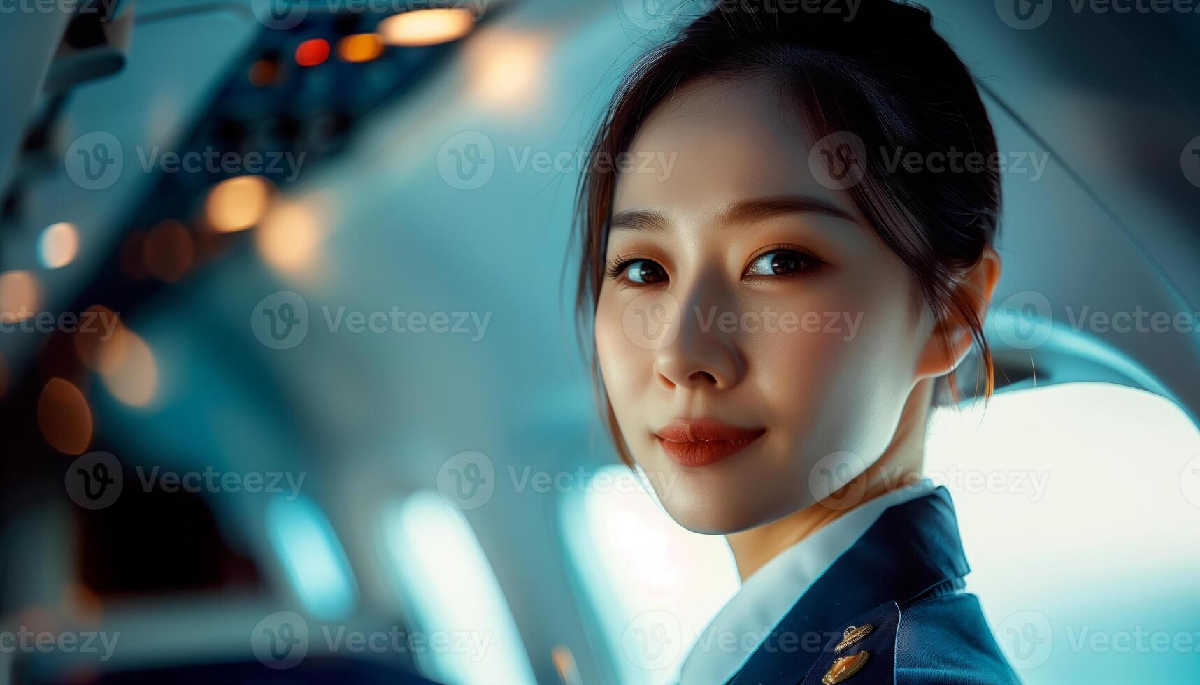 Confident stewardess woman at work on airplane. photo
