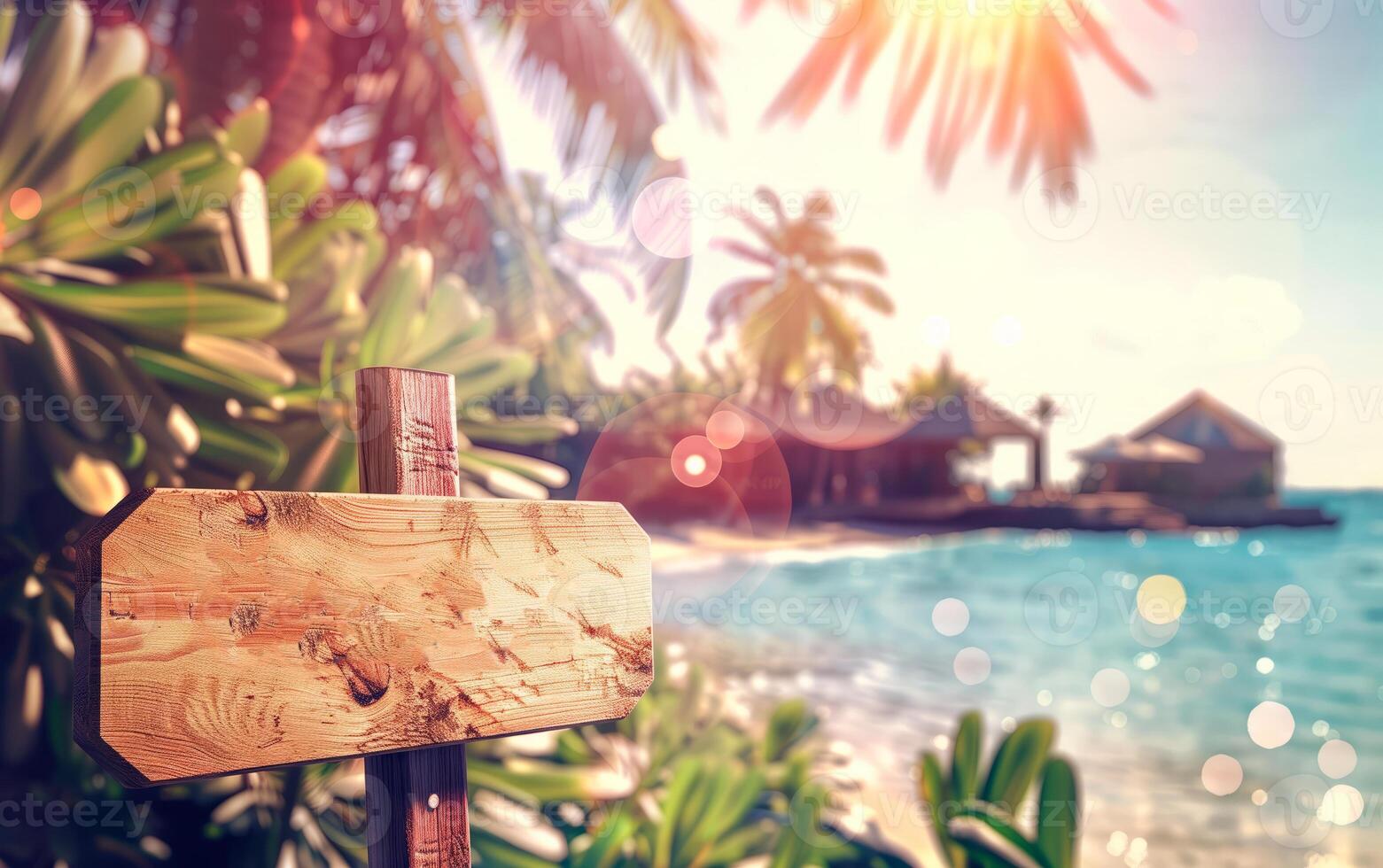 Blank wooden sign at the beach. Ready for summer travel. Tropical destination holidays concept. Mock up sign. photo