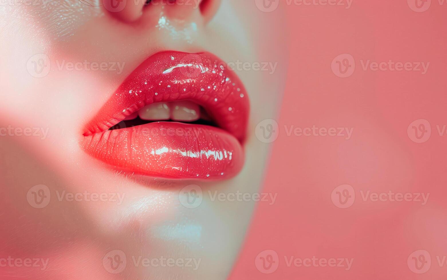 Close up photo of sensual pink lips. Female cosmetic make up concept. Pink lipstick gloss for women.