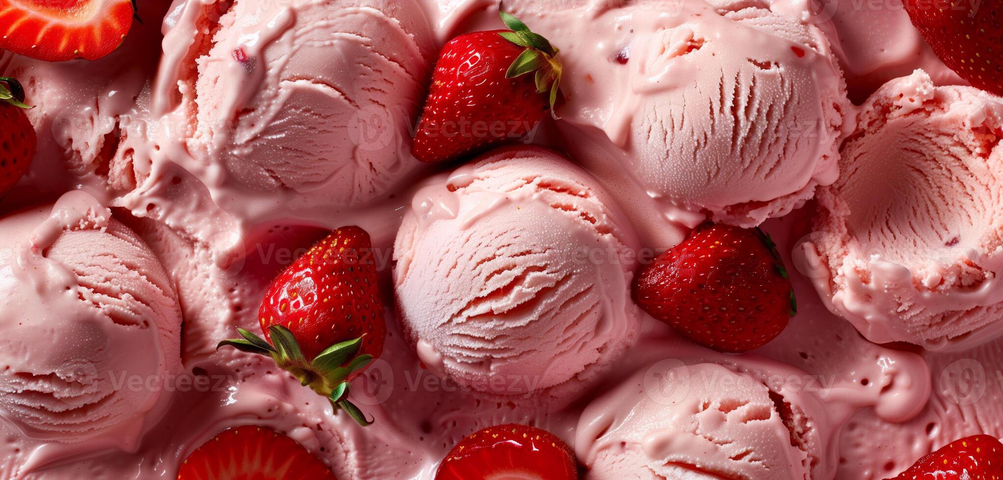 Top view of delicious strawberrie ice cream texture close up. photo