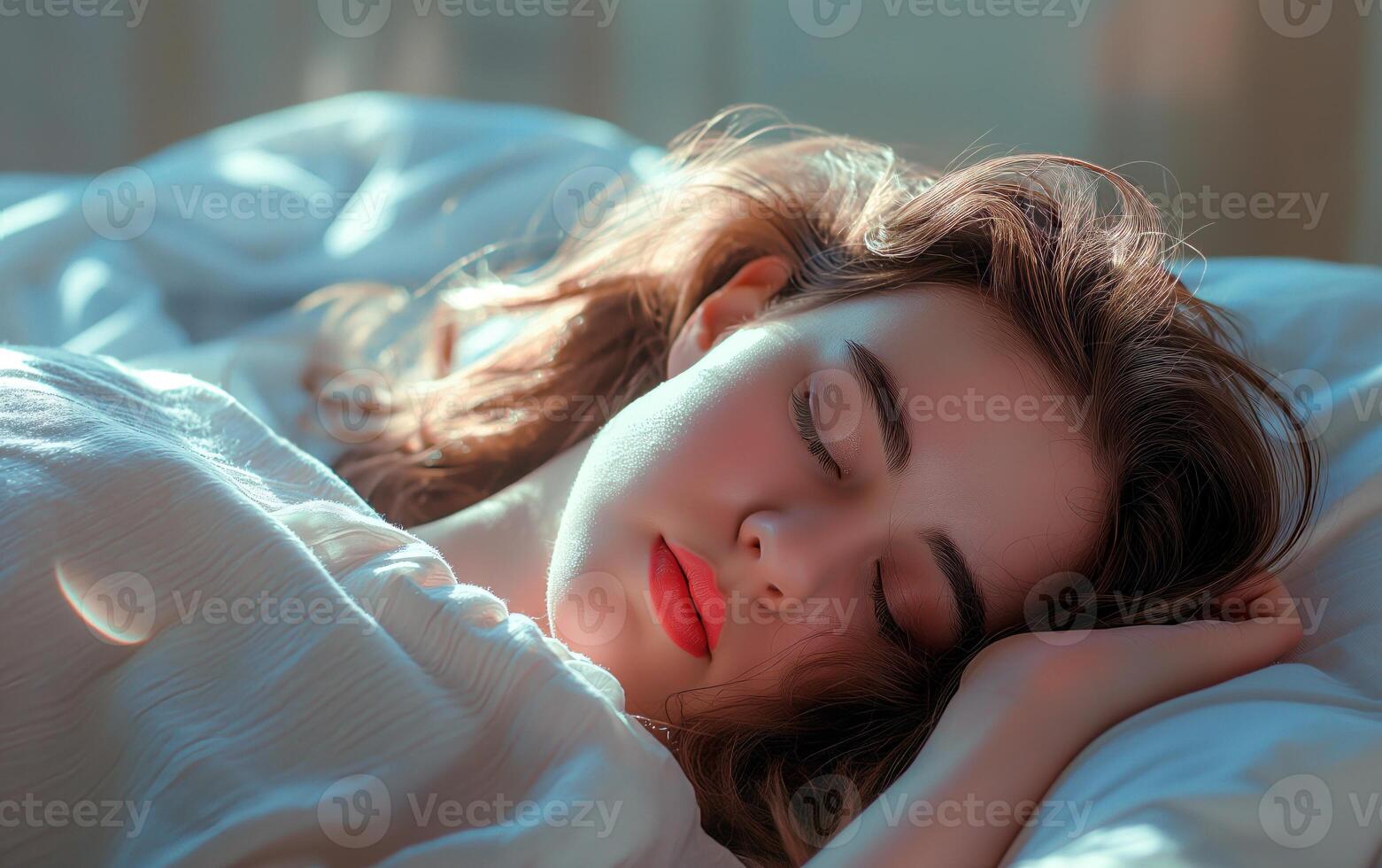 Portrait of young woman sleeping in bed. photo