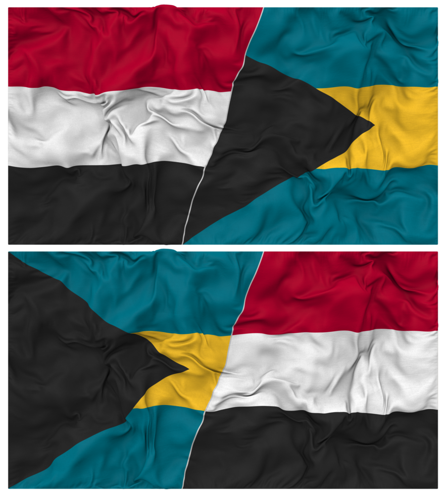 Bahamas and Yemen Half Combined Flag with Cloth Bump Texture, Bilateral Relations, Peace and Conflict, 3D Rendering png