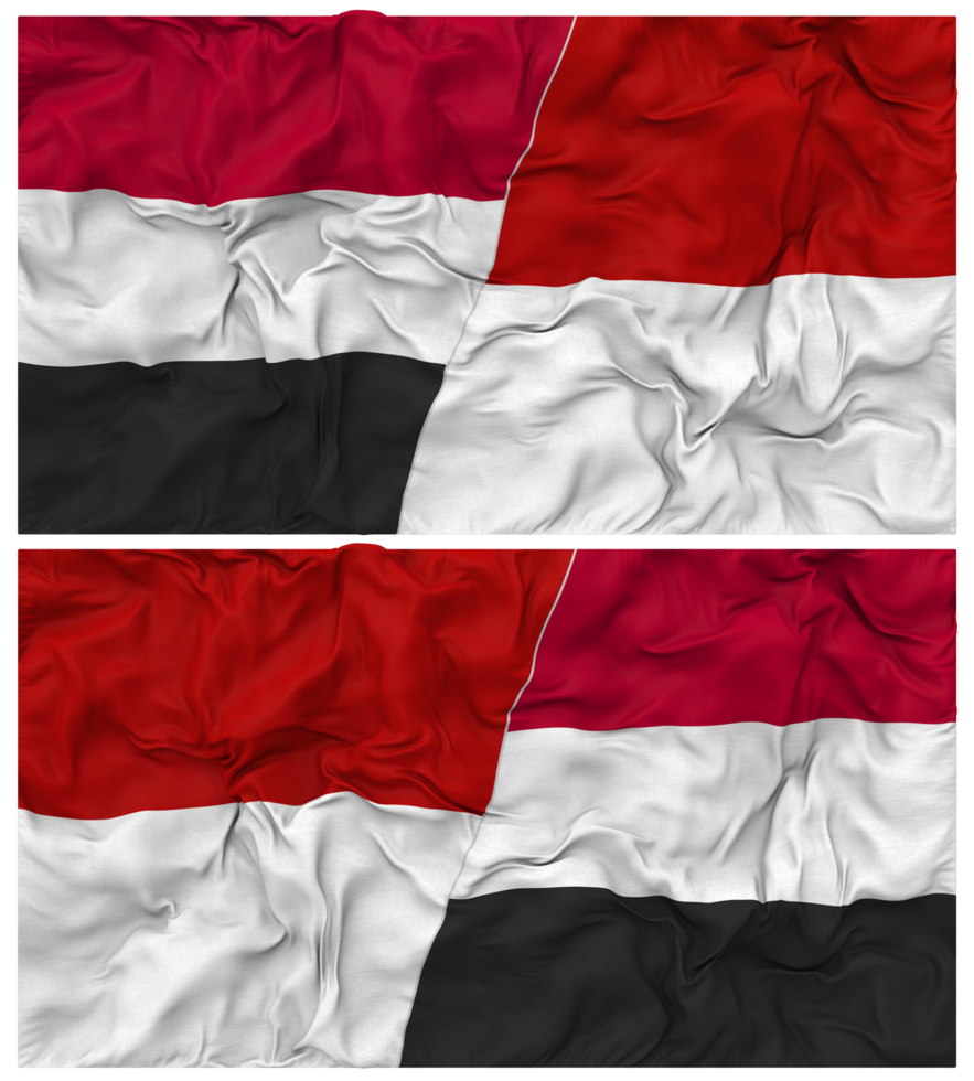 Monaco and Yemen Half Combined Flag with Cloth Bump Texture, Bilateral Relations, Peace and Conflict, 3D Rendering png