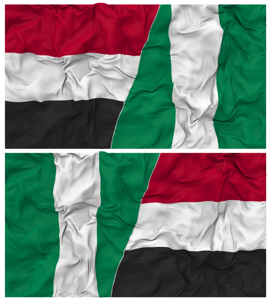 Nigeria and Yemen Half Combined Flag with Cloth Bump Texture, Bilateral Relations, Peace and Conflict, 3D Rendering png