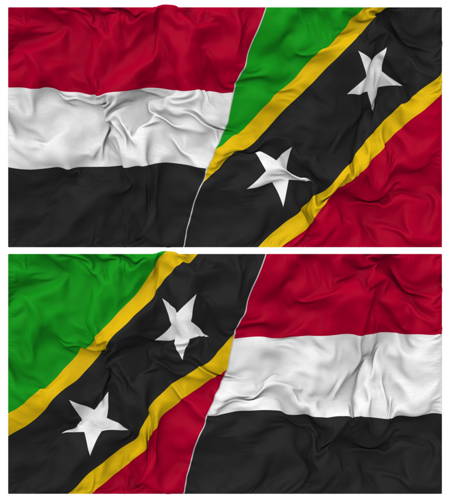 Saint Kitts and Nevis and Yemen Half Combined Flag with Cloth Bump Texture, Bilateral Relations, Peace and Conflict, 3D Rendering png