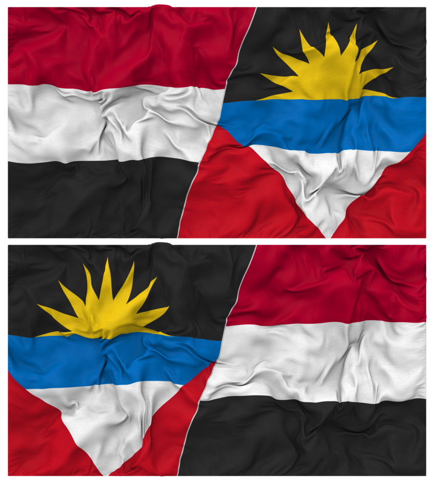 Antigua and Barbuda and Yemen Half Combined Flag with Cloth Bump Texture, Bilateral Relations, Peace and Conflict, 3D Rendering png