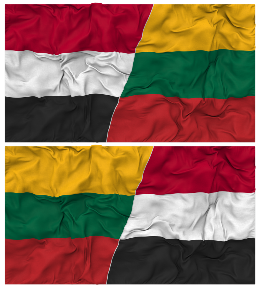 Lithuania and Yemen Half Combined Flag with Cloth Bump Texture, Bilateral Relations, Peace and Conflict, 3D Rendering png