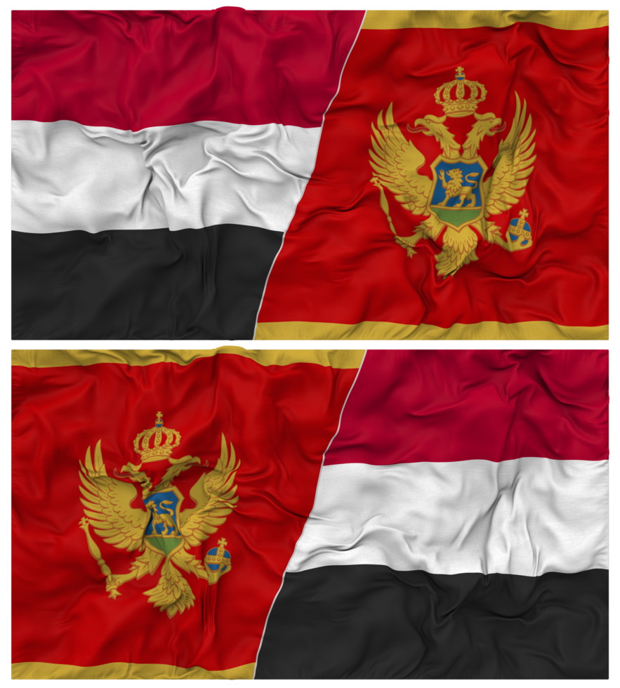 Montenegro and Yemen Half Combined Flag with Cloth Bump Texture, Bilateral Relations, Peace and Conflict, 3D Rendering png