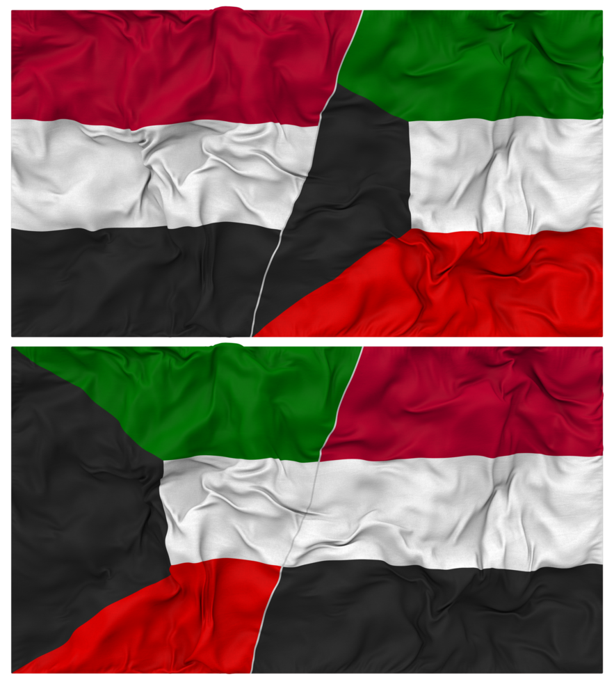 Kuwait and Yemen Half Combined Flag with Cloth Bump Texture, Bilateral Relations, Peace and Conflict, 3D Rendering png