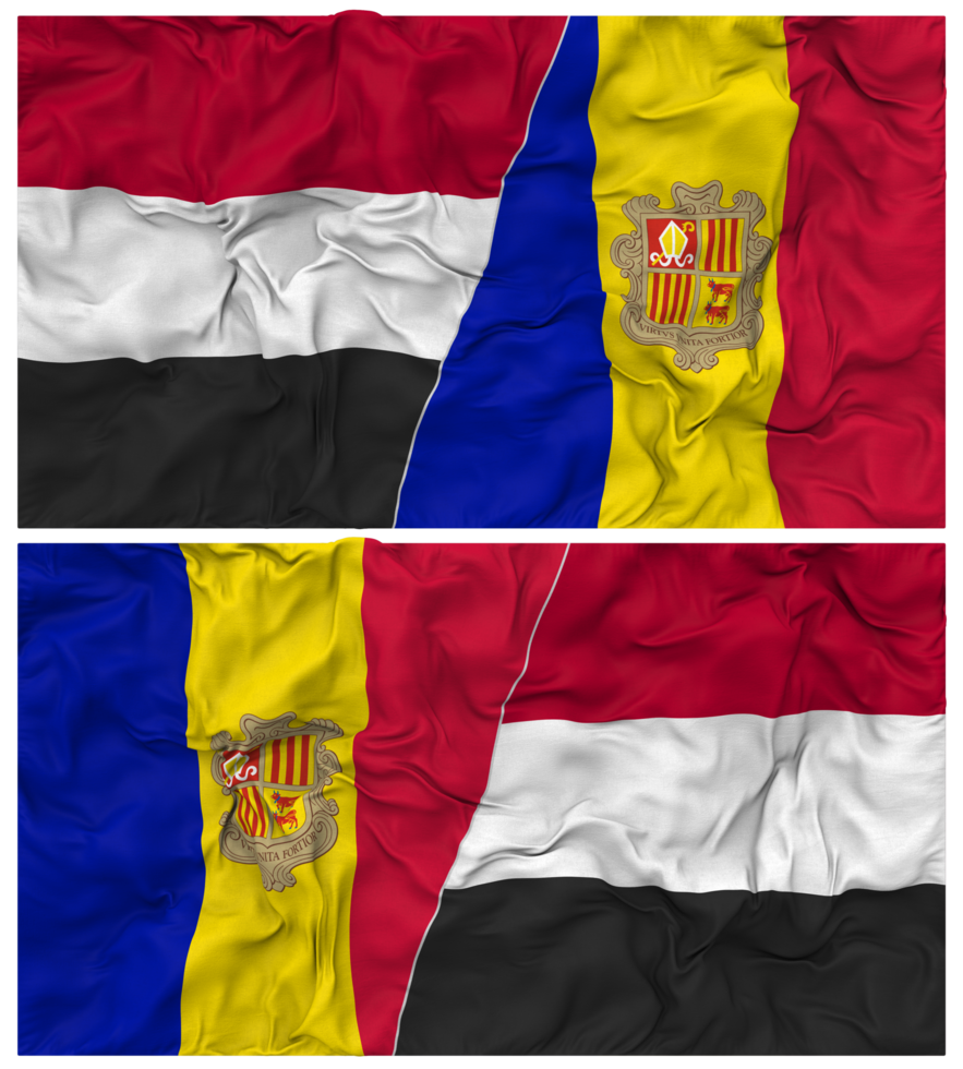 Andorra and Yemen Half Combined Flag with Cloth Bump Texture, Bilateral Relations, Peace and Conflict, 3D Rendering png