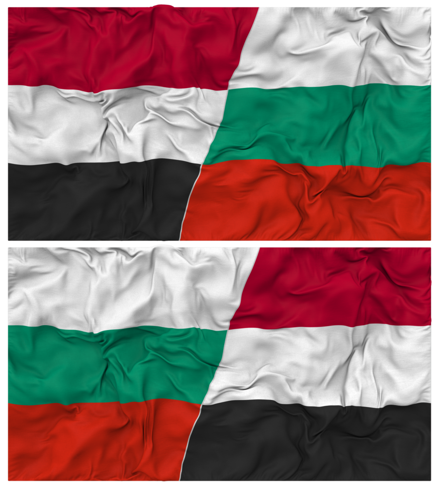 Bulgaria and Yemen Half Combined Flag with Cloth Bump Texture, Bilateral Relations, Peace and Conflict, 3D Rendering png