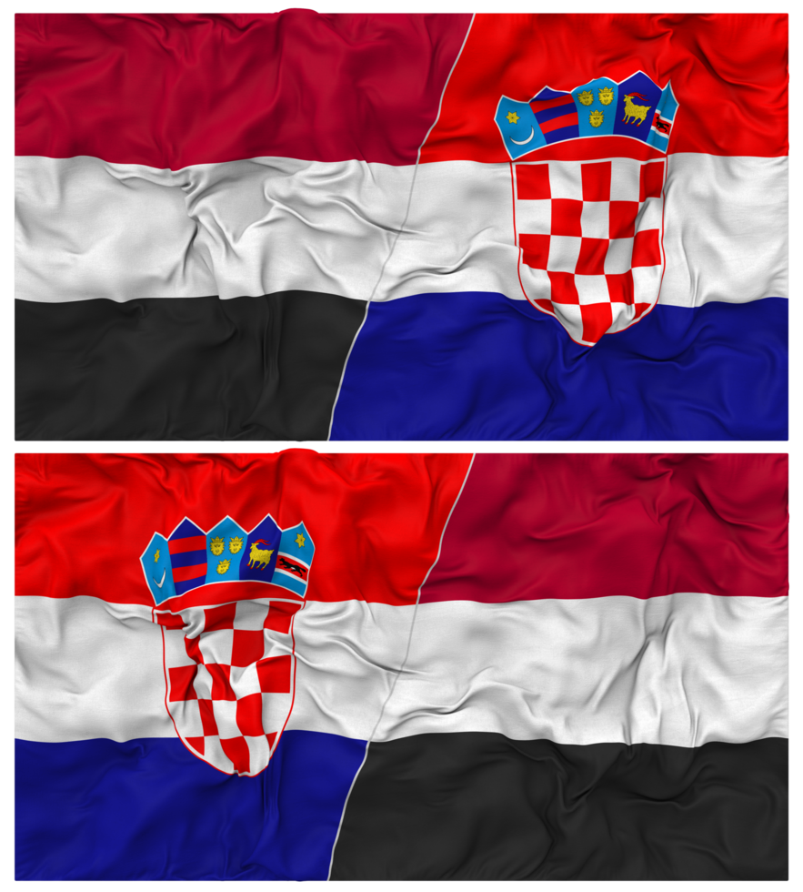 Kroatië en Jemen voor de helft gecombineerd vlag met kleding buil textuur, bilateraal relaties, vrede en conflict, 3d renderen png