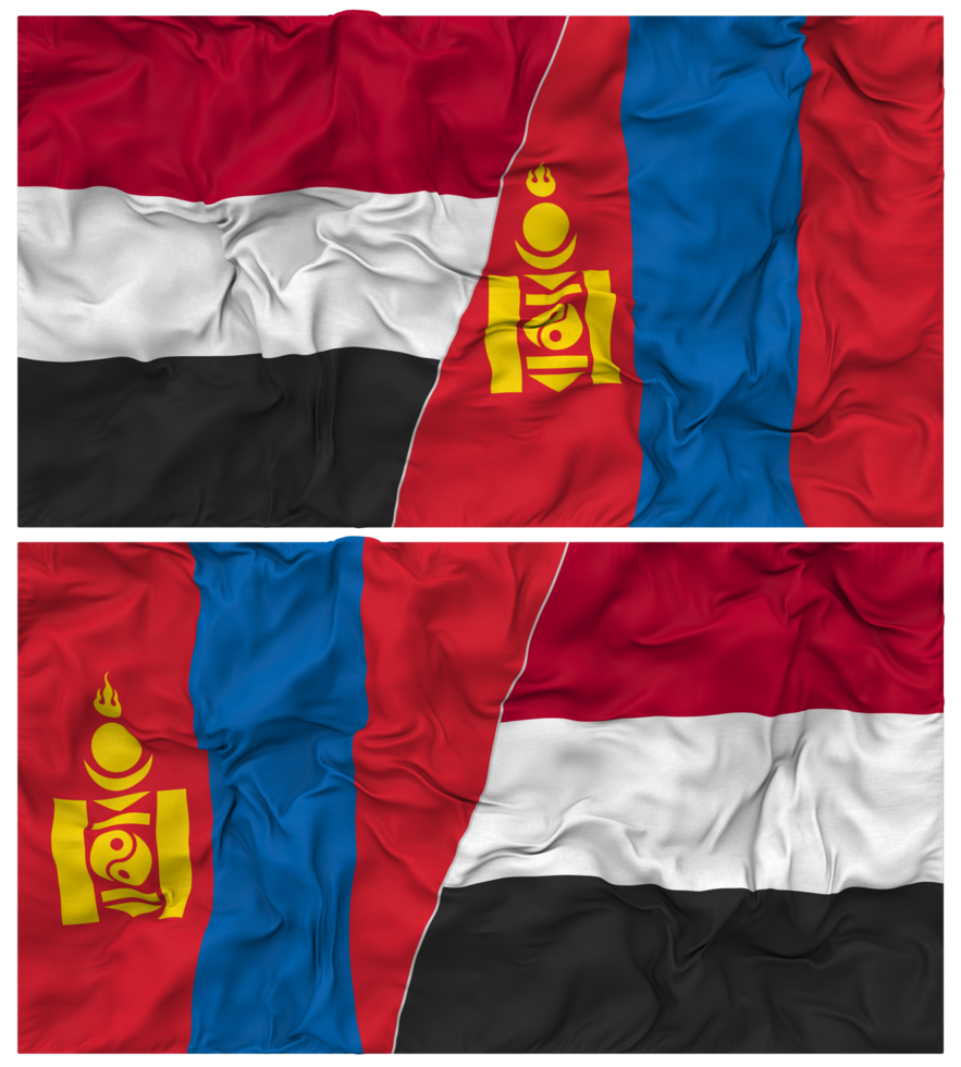 Mongolia and Yemen Half Combined Flag with Cloth Bump Texture, Bilateral Relations, Peace and Conflict, 3D Rendering png