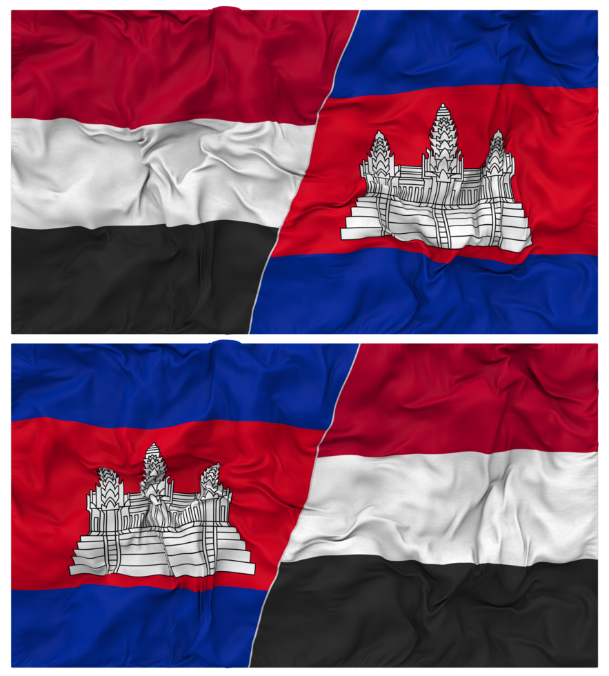 Cambodia and Yemen Half Combined Flag with Cloth Bump Texture, Bilateral Relations, Peace and Conflict, 3D Rendering png