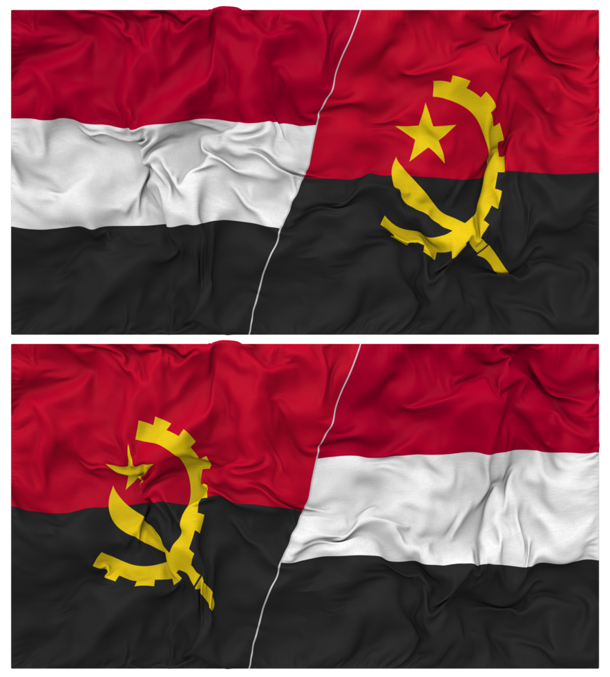Angola and Yemen Half Combined Flag with Cloth Bump Texture, Bilateral Relations, Peace and Conflict, 3D Rendering png