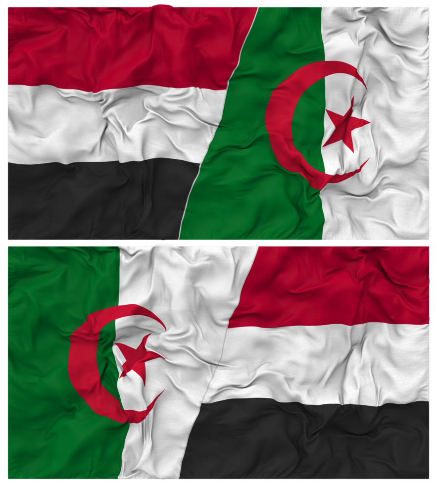 Algeria and Yemen Half Combined Flag with Cloth Bump Texture, Bilateral Relations, Peace and Conflict, 3D Rendering png