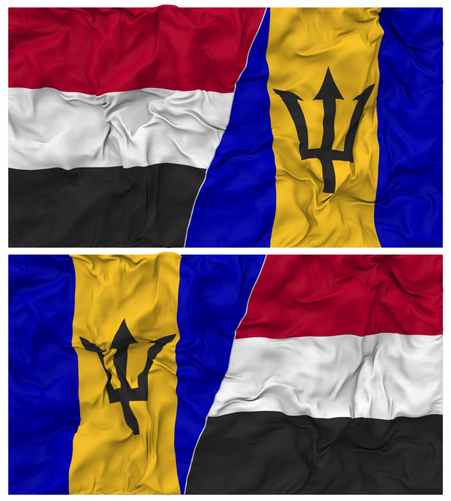 Barbados and Yemen Half Combined Flag with Cloth Bump Texture, Bilateral Relations, Peace and Conflict, 3D Rendering png