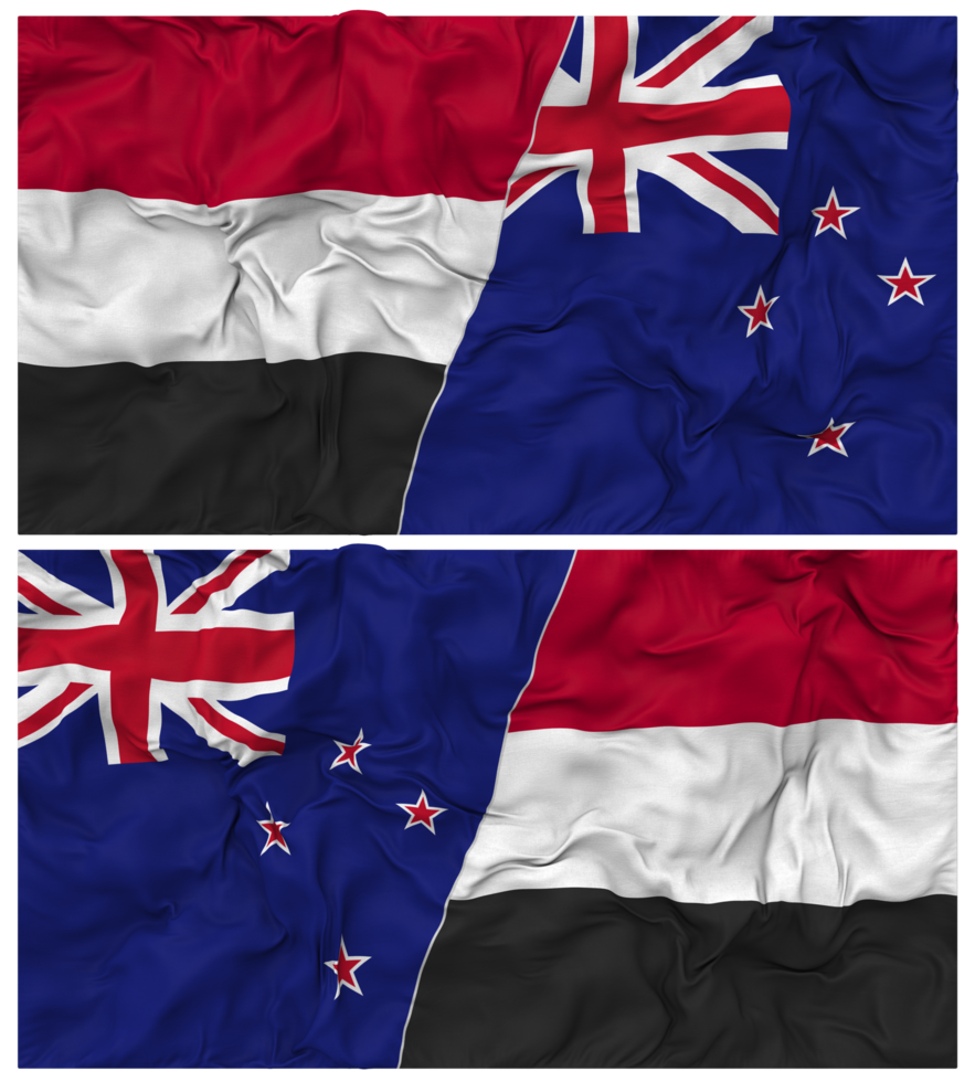 New Zealand and Yemen Half Combined Flag with Cloth Bump Texture, Bilateral Relations, Peace and Conflict, 3D Rendering png