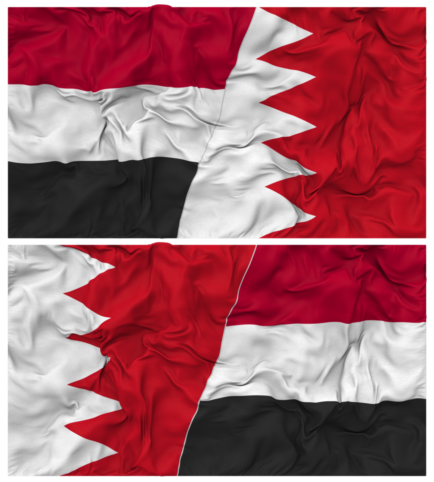 Bahrain and Yemen Half Combined Flag with Cloth Bump Texture, Bilateral Relations, Peace and Conflict, 3D Rendering png
