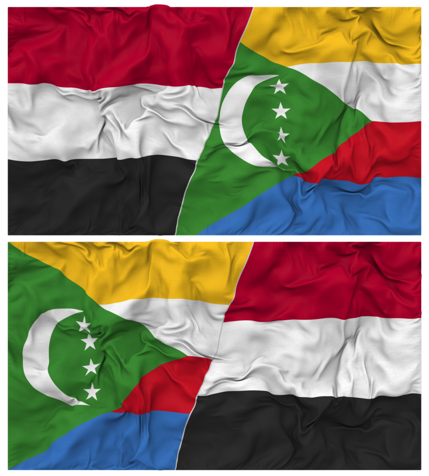 Comoros and Yemen Half Combined Flag with Cloth Bump Texture, Bilateral Relations, Peace and Conflict, 3D Rendering png