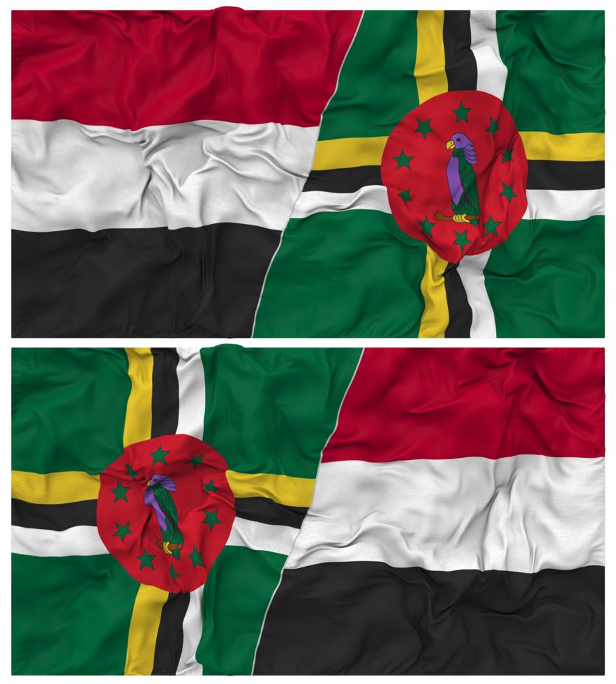 Dominica and Yemen Half Combined Flag with Cloth Bump Texture, Bilateral Relations, Peace and Conflict, 3D Rendering png
