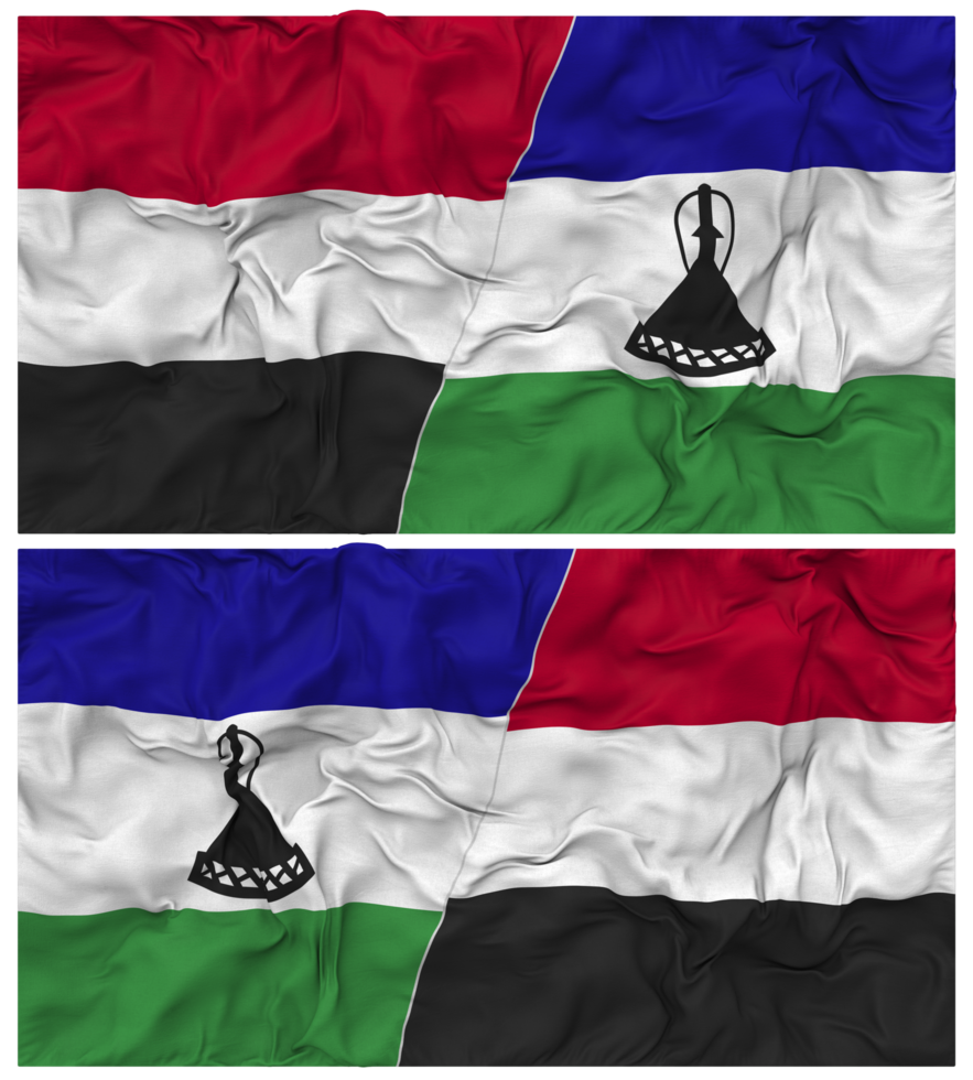 Lesotho and Yemen Half Combined Flag with Cloth Bump Texture, Bilateral Relations, Peace and Conflict, 3D Rendering png