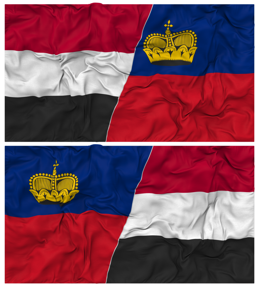 Liechtenstein and Yemen Half Combined Flag with Cloth Bump Texture, Bilateral Relations, Peace and Conflict, 3D Rendering png
