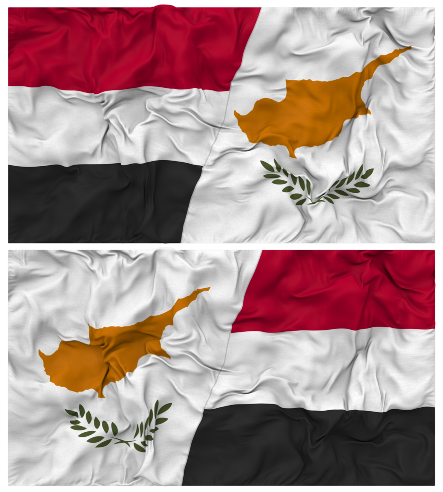 Cyprus and Yemen Half Combined Flag with Cloth Bump Texture, Bilateral Relations, Peace and Conflict, 3D Rendering png