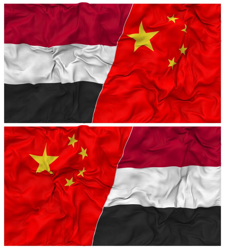 China and Yemen Half Combined Flag with Cloth Bump Texture, Bilateral Relations, Peace and Conflict, 3D Rendering png