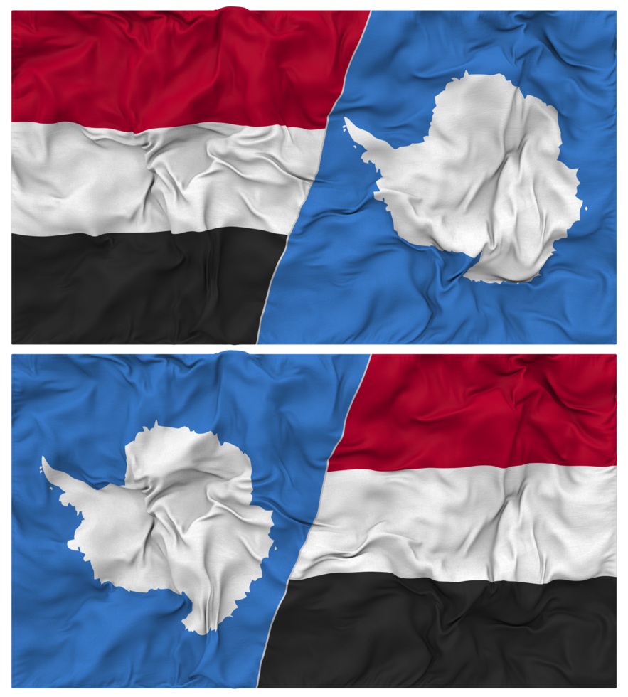 Antarctica and Yemen Half Combined Flag with Cloth Bump Texture, Bilateral Relations, Peace and Conflict, 3D Rendering png