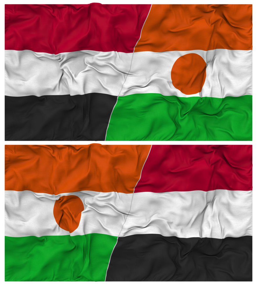 Niger and Yemen Half Combined Flag with Cloth Bump Texture, Bilateral Relations, Peace and Conflict, 3D Rendering png