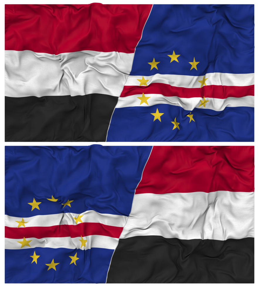 Cape Verde, Cabo Verde and Yemen Half Combined Flag with Cloth Bump Texture, Bilateral Relations, Peace and Conflict, 3D Rendering png