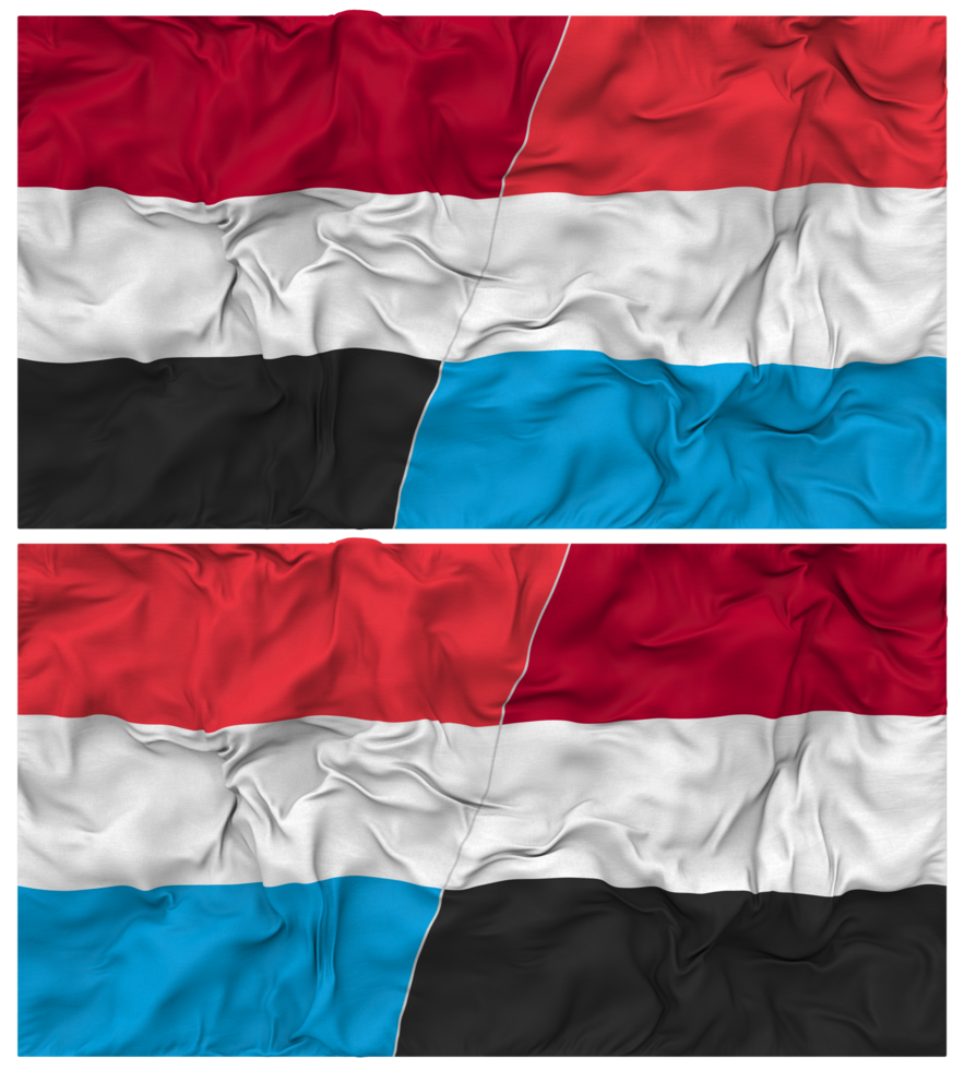 Luxembourg and Yemen Half Combined Flag with Cloth Bump Texture, Bilateral Relations, Peace and Conflict, 3D Rendering png